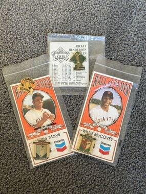 Baseball Hall of Famer Pins, Willie Mays-2 & Willie McCovey. + Rickey Henderson.